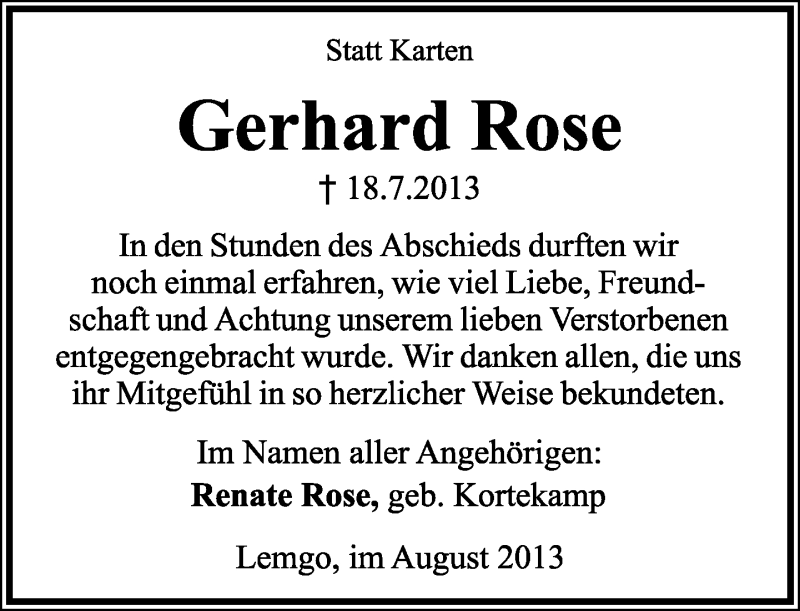  Traueranzeige für Gerhard Rose vom 17.08.2013 aus Lippische Landes-Zeitung