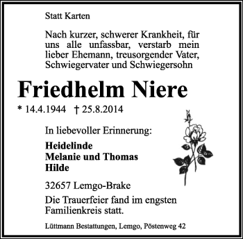 Anzeige  Friedhelm Niere  Lippische Landes-Zeitung