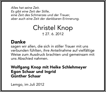 Anzeige  Christel Knop  Lippische Landes-Zeitung