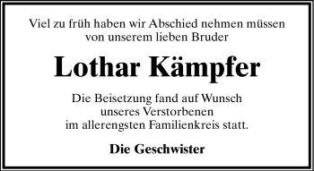 Anzeige  Lothar Kämpfer  Lippische Landes-Zeitung