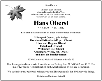 Anzeige  Horst Oberst  Lippische Landes-Zeitung