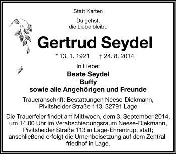 Anzeige  Getrud Seydel  Lippische Landes-Zeitung