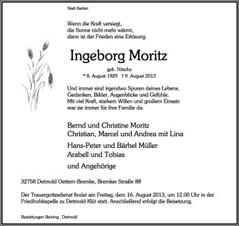 Anzeige  Ingeborg Moritz  Lippische Landes-Zeitung