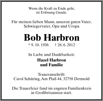 Anzeige  Bob Harbron  Lippische Landes-Zeitung