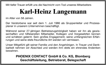 Anzeige  Karl-Heinz Langemann  Lippische Landes-Zeitung