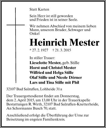 Anzeige  Heinrich Mester  Lippische Landes-Zeitung