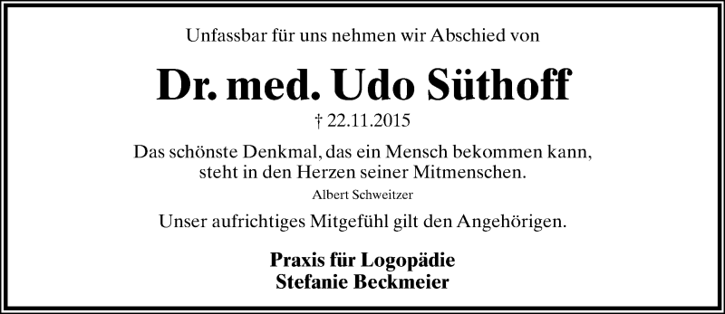  Traueranzeige für Udo Süthoff vom 28.11.2015 aus Lippische Landes-Zeitung