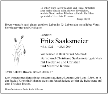 Anzeige  Fritz Saaksmeier  Lippische Landes-Zeitung