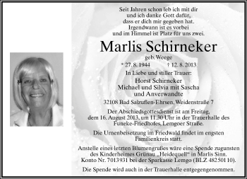 Anzeige  Marlis Schirneker  Lippische Landes-Zeitung