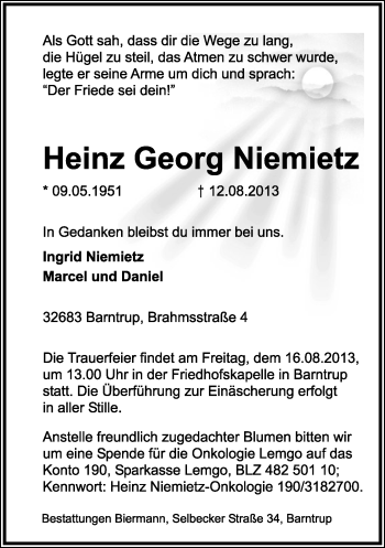 Anzeige  Heinz Georg Niemietz  Lippische Landes-Zeitung