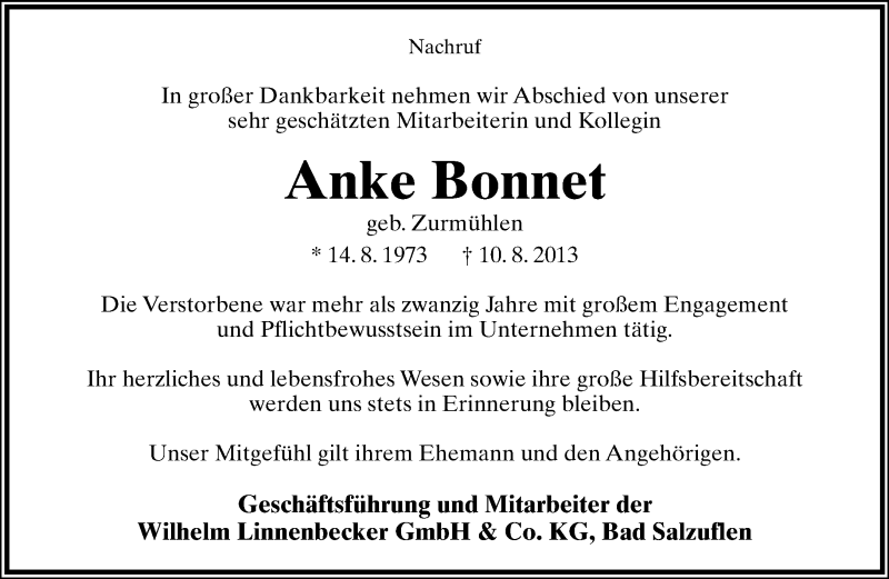  Traueranzeige für Anke Bonnet vom 15.08.2013 aus Lippische Landes-Zeitung