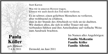 Anzeige  Paula Köller  Lippische Landes-Zeitung