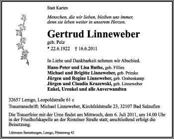 Anzeige  Gertrud Linneweber  Lippische Landes-Zeitung