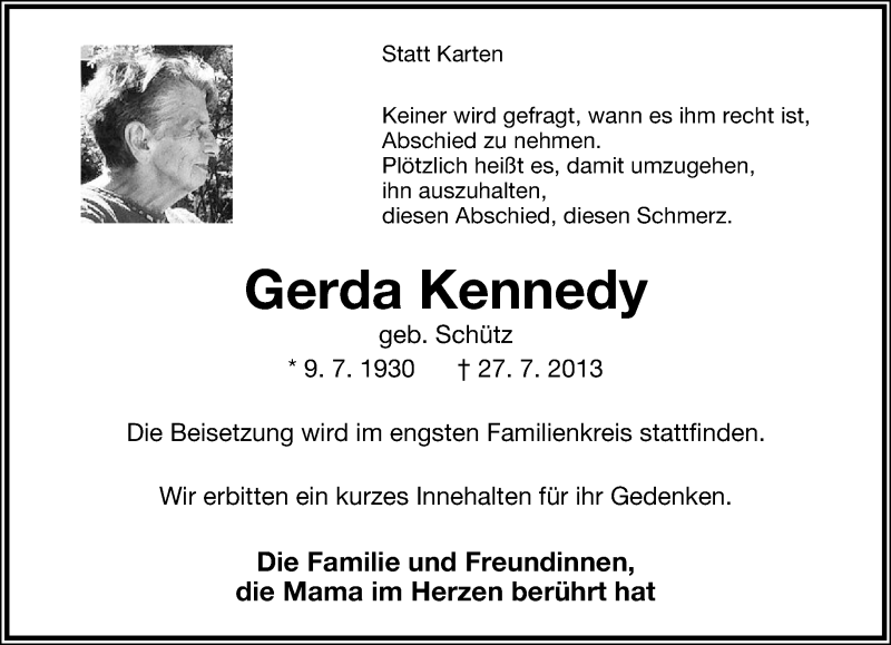  Traueranzeige für Gerda Kennedy vom 17.08.2013 aus Lippische Landes-Zeitung
