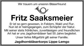Anzeige  Fritz Saaksmeier  Lippische Landes-Zeitung
