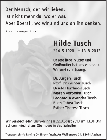 Anzeige  Hilde Tusch  Lippische Landes-Zeitung