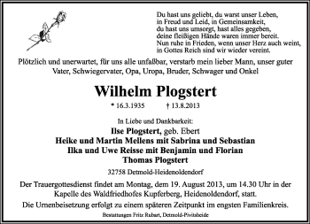Anzeige  Wilhelm Plogstert  Lippische Landes-Zeitung