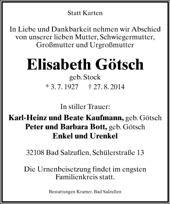 Anzeige  Elisabeth Götsch  Lippische Landes-Zeitung