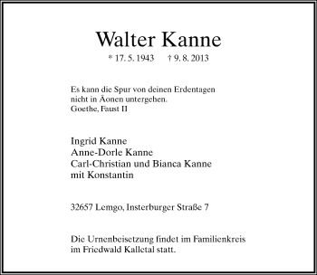 Anzeige  Walter Kanne  Lippische Landes-Zeitung