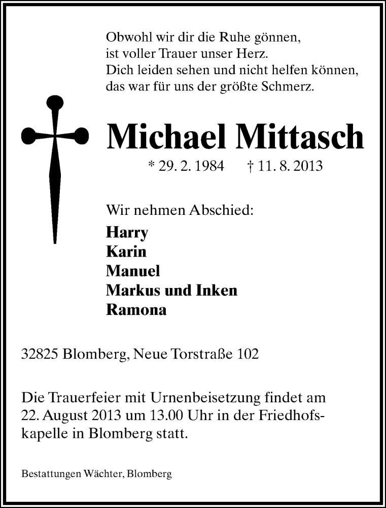  Traueranzeige für Michael Mittasch vom 17.08.2013 aus Lippische Landes-Zeitung