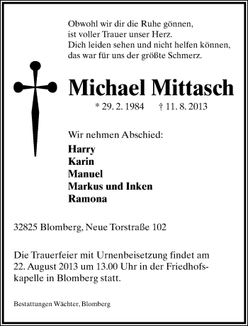 Anzeige  Michael Mittasch  Lippische Landes-Zeitung