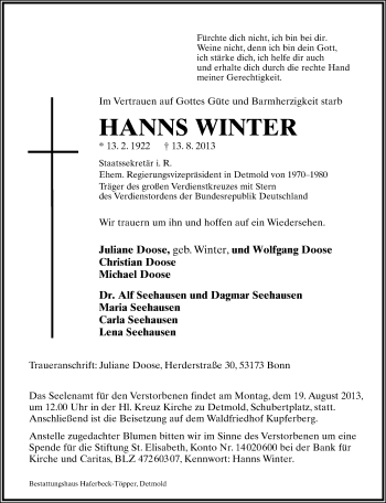 Anzeige  Hanns Winter  Lippische Landes-Zeitung
