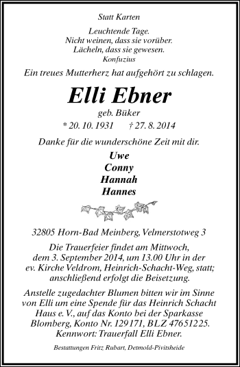 Anzeige  Elli Ebner  Lippische Landes-Zeitung