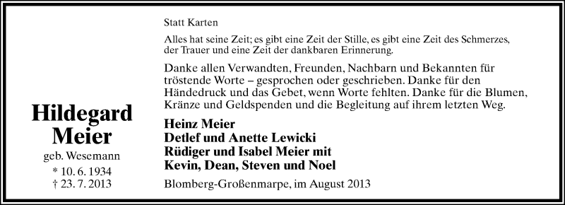  Traueranzeige für Hildegard Meier vom 17.08.2013 aus Lippische Landes-Zeitung