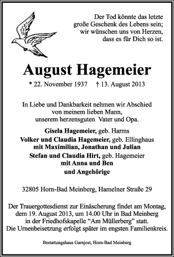 Anzeige  August Hagemeier  Lippische Landes-Zeitung