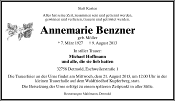 Anzeige  Annemarie Benzner  Lippische Landes-Zeitung