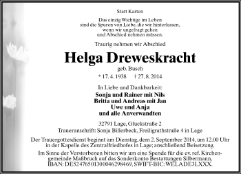 Anzeige  Helga Dreweskracht  Lippische Landes-Zeitung