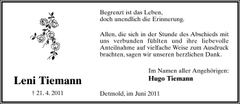 Anzeige  Leni Tiemann  Lippische Landes-Zeitung