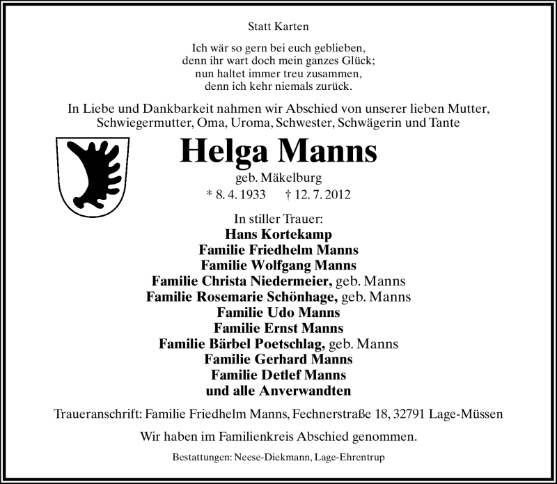  Traueranzeige für Helga Manns vom 21.07.2012 aus Lippische Landes-Zeitung