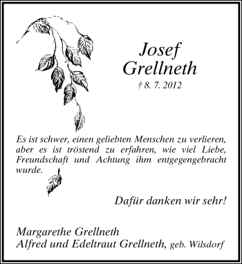Anzeige  Josef Grellneth  Lippische Landes-Zeitung