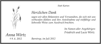 Anzeige  Anna Wirtz  Lippische Landes-Zeitung