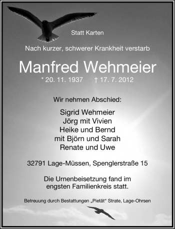 Anzeige  Manfred Wehmeier  Lippische Landes-Zeitung