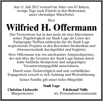 Anzeige  Wilfried Offermann  Lippische Landes-Zeitung