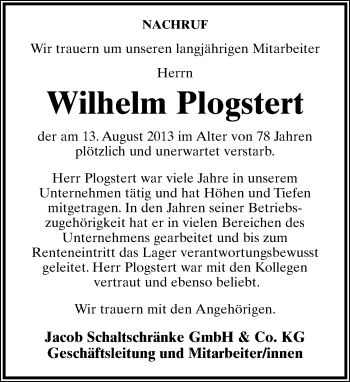 Anzeige  Wilhelm Plogstert  Lippische Landes-Zeitung