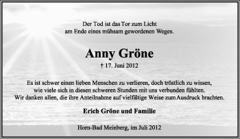 Anzeige  Anny Gröne  Lippische Landes-Zeitung