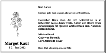 Anzeige  Margot Kaul  Lippische Landes-Zeitung