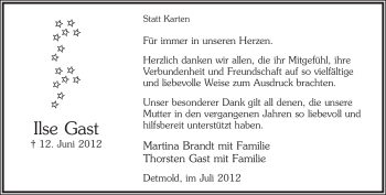 Anzeige  Ilse Gast  Lippische Landes-Zeitung