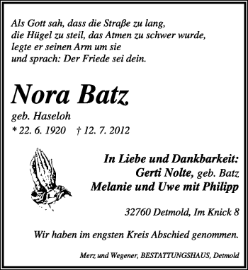 Anzeige  Nora Batz  Lippische Landes-Zeitung