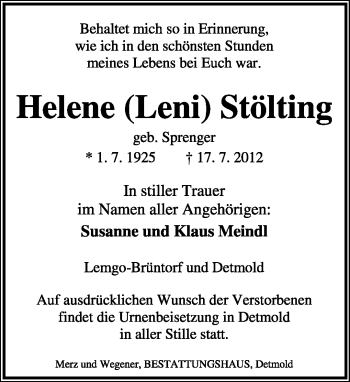 Anzeige  Helene Stölting  Lippische Landes-Zeitung