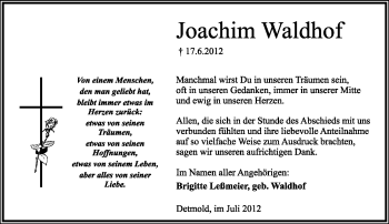 Anzeige  Joachim Waldhof  Lippische Landes-Zeitung