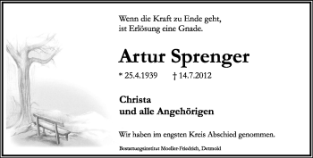 Anzeige  Artur Sprenger  Lippische Landes-Zeitung