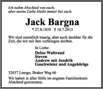 Anzeige  Jack Bargna  Lippische Landes-Zeitung
