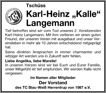 Anzeige  Karl-Heinz Langemann  Lippische Landes-Zeitung
