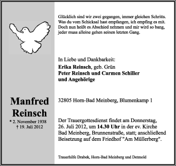 Anzeige  Manfred Reinsch  Lippische Landes-Zeitung