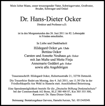 Anzeige  Hans-Dieter Ocker  Lippische Landes-Zeitung