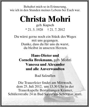 Anzeige  Christa Mohri  Lippische Landes-Zeitung